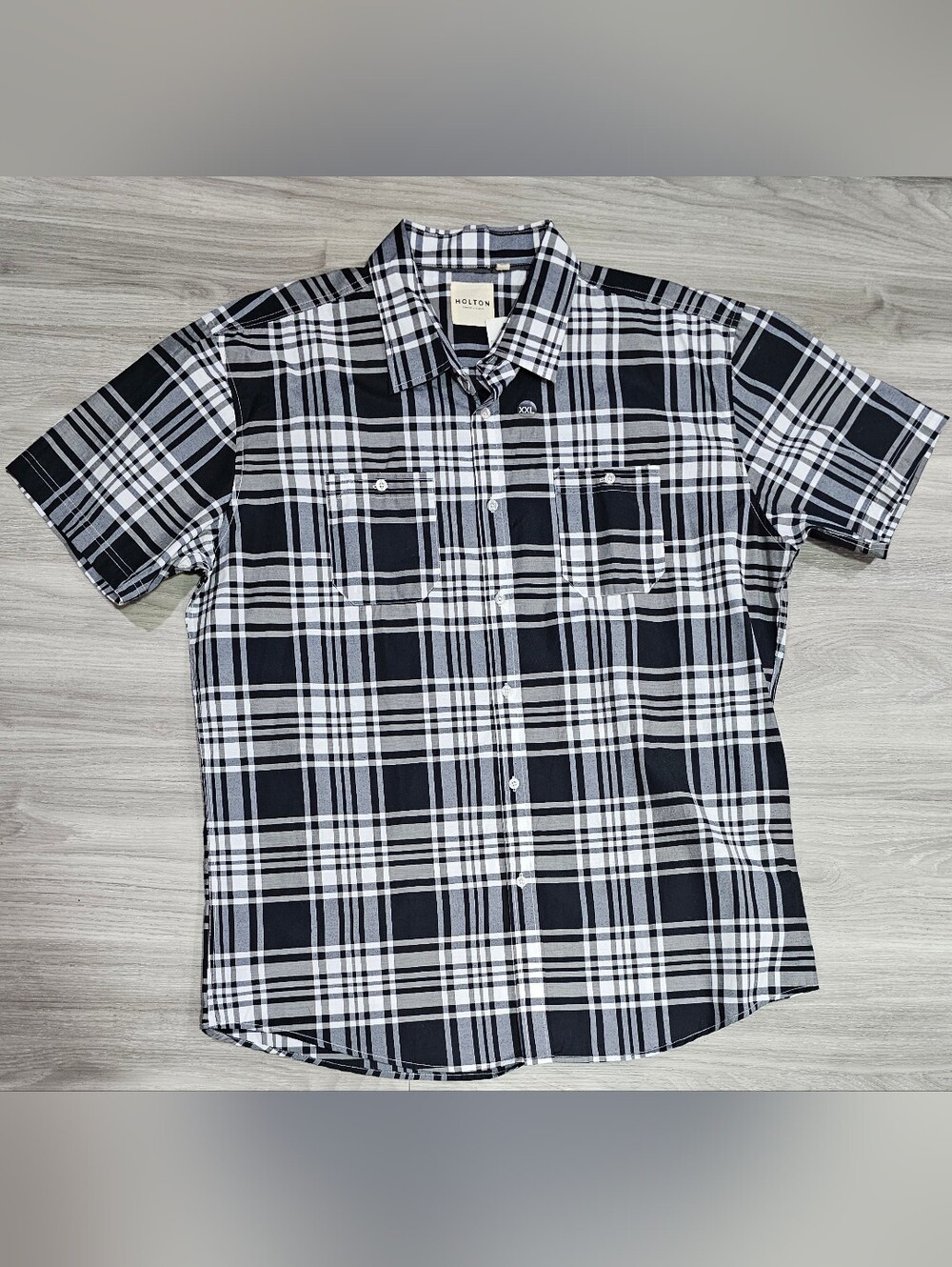 Men's Holton Black Whitw Plaid Short Sleeve Pocket Shirt 2XL New With Tags